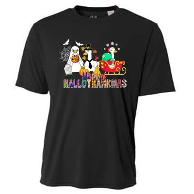 Happy Hallothankmas Goose Halloween Thanksgiving Christmas Cooling Performance Crew T-Shirt