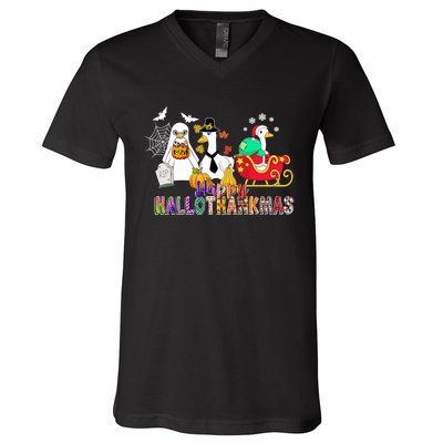 Happy Hallothankmas Goose Halloween Thanksgiving Christmas V-Neck T-Shirt