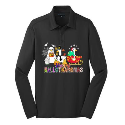 Happy Hallothankmas Goose Halloween Thanksgiving Christmas Silk Touch Performance Long Sleeve Polo