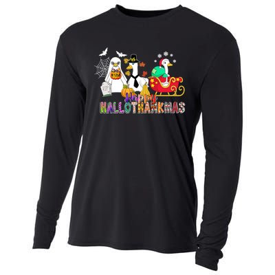 Happy Hallothankmas Goose Halloween Thanksgiving Christmas Cooling Performance Long Sleeve Crew