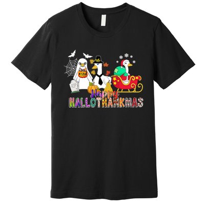 Happy Hallothankmas Goose Halloween Thanksgiving Christmas Premium T-Shirt