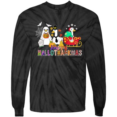 Happy Hallothankmas Goose Halloween Thanksgiving Christmas Tie-Dye Long Sleeve Shirt