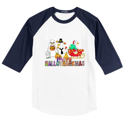 Happy Hallothankmas Goose Halloween Thanksgiving Christmas Baseball Sleeve Shirt