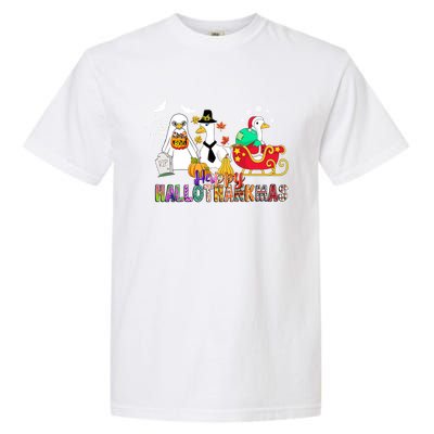 Happy Hallothankmas Goose Halloween Thanksgiving Christmas Garment-Dyed Heavyweight T-Shirt