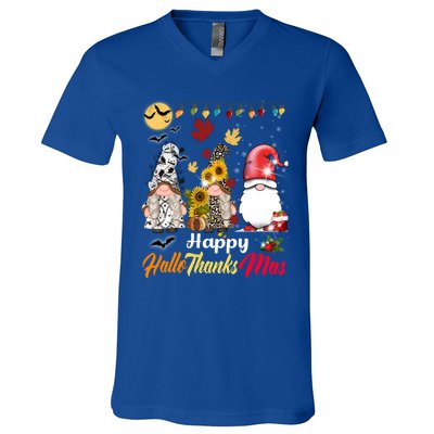 Happy Hallothanksmas Gnomes Halloween Thanksgiving Christmas Cute Gift V-Neck T-Shirt