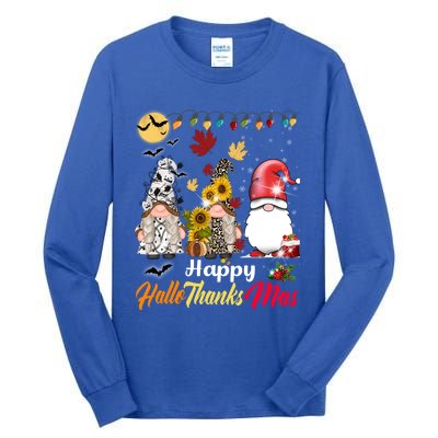 Happy Hallothanksmas Gnomes Halloween Thanksgiving Christmas Cute Gift Tall Long Sleeve T-Shirt