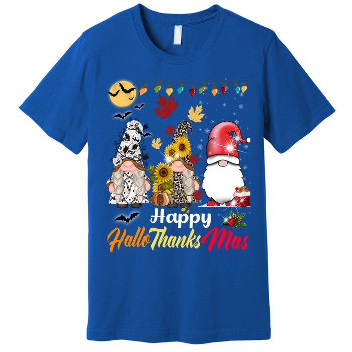 Happy Hallothanksmas Gnomes Halloween Thanksgiving Christmas Cute Gift Premium T-Shirt