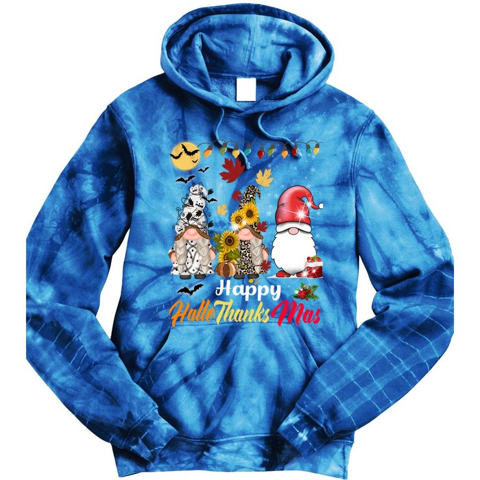 Happy Hallothanksmas Gnomes Halloween Thanksgiving Christmas Cute Gift Tie Dye Hoodie