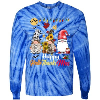 Happy Hallothanksmas Gnomes Halloween Thanksgiving Christmas Cute Gift Tie-Dye Long Sleeve Shirt