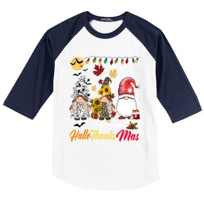 Happy Hallothanksmas Gnomes Halloween Thanksgiving Christmas Cute Gift Baseball Sleeve Shirt