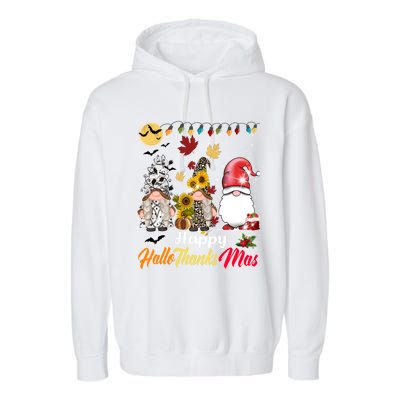 Happy Hallothanksmas Gnomes Halloween Thanksgiving Christmas Cute Gift Garment-Dyed Fleece Hoodie