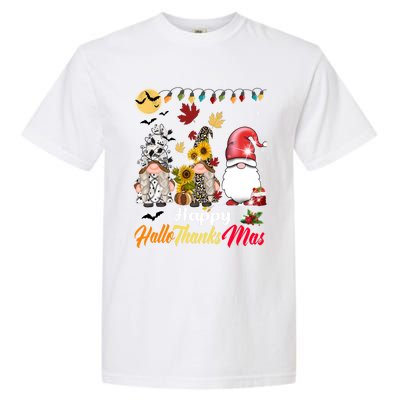 Happy Hallothanksmas Gnomes Halloween Thanksgiving Christmas Cute Gift Garment-Dyed Heavyweight T-Shirt