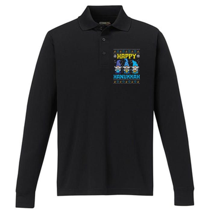 Happy Hanukkah Gnomes Ugly Chanukah Jewish Performance Long Sleeve Polo