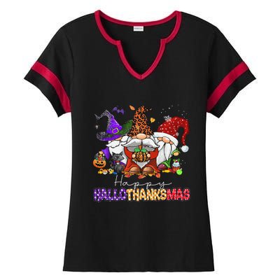 Happy Hallothanksmas Gnomes Halloween Thanksgiving Christmas Ladies Halftime Notch Neck Tee