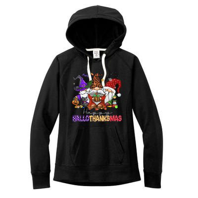 Happy Hallothanksmas Gnomes Halloween Thanksgiving Christmas Women's Fleece Hoodie