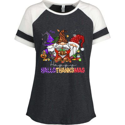 Happy Hallothanksmas Gnomes Halloween Thanksgiving Christmas Enza Ladies Jersey Colorblock Tee