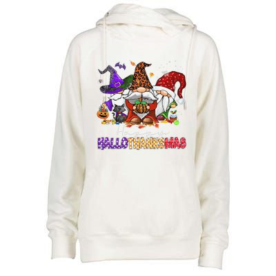 Happy Hallothanksmas Gnomes Halloween Thanksgiving Christmas Womens Funnel Neck Pullover Hood