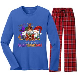 Happy Hallothanksmas Gnomes Halloween Thanksgiving Christmas Women's Long Sleeve Flannel Pajama Set 