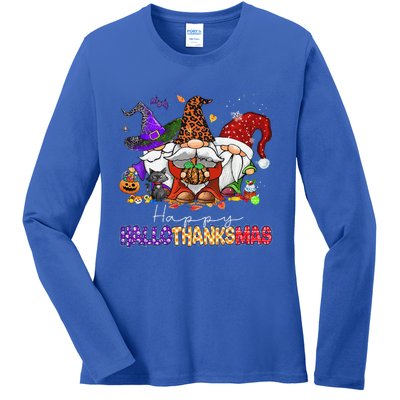 Happy Hallothanksmas Gnomes Halloween Thanksgiving Christmas Ladies Long Sleeve Shirt