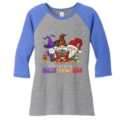 Happy Hallothanksmas Gnomes Halloween Thanksgiving Christmas Women's Tri-Blend 3/4-Sleeve Raglan Shirt