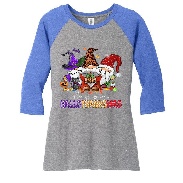 Happy Hallothanksmas Gnomes Halloween Thanksgiving Christmas Women's Tri-Blend 3/4-Sleeve Raglan Shirt