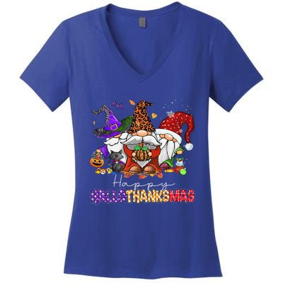 Happy Hallothanksmas Gnomes Halloween Thanksgiving Christmas Women's V-Neck T-Shirt