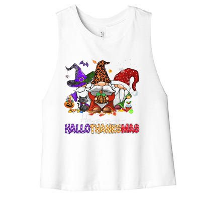 Happy Hallothanksmas Gnomes Halloween Thanksgiving Christmas Women's Racerback Cropped Tank