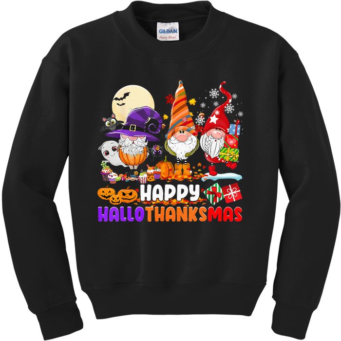 Happy Hallothanksmas Gnomes Halloween Thanksgiving Christmas Kids Sweatshirt