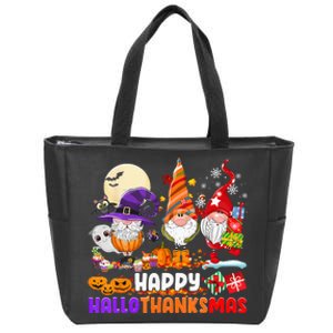 Happy Hallothanksmas Gnomes Halloween Thanksgiving Christmas Zip Tote Bag