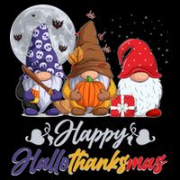Happy Hallothanksmas Gnomes Stripe Pom Pom Beanie