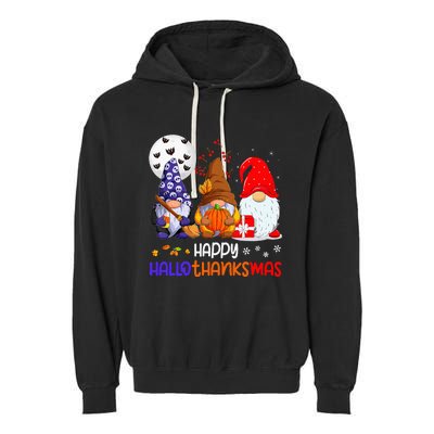 Happy Hallothanksmas Gnomes Halloween Thanksgiving Christmas Garment-Dyed Fleece Hoodie