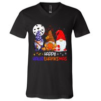 Happy Hallothanksmas Gnomes Halloween Thanksgiving Christmas V-Neck T-Shirt