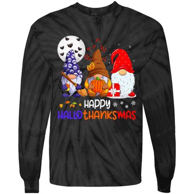 Happy Hallothanksmas Gnomes Halloween Thanksgiving Christmas Tie-Dye Long Sleeve Shirt