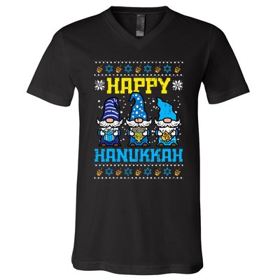 Happy Hanukkah Gnomes Ugly Chanukah Jewish  V-Neck T-Shirt