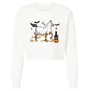 Halloween Horse Ghost Cowboy Western Cropped Pullover Crew