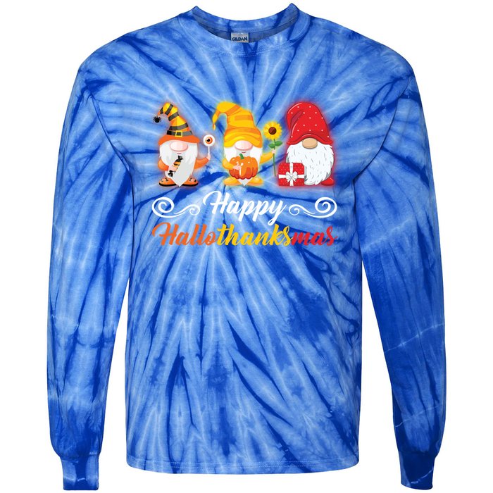 Happy Hallothanksmas Gnomes Halloween Thanksgiving Xmas Gift Tie-Dye Long Sleeve Shirt