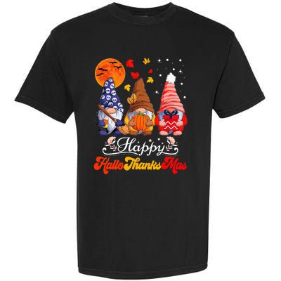 Happy Hallothanksmas Gnomes Halloween Thanksgiving Christmas Garment-Dyed Heavyweight T-Shirt