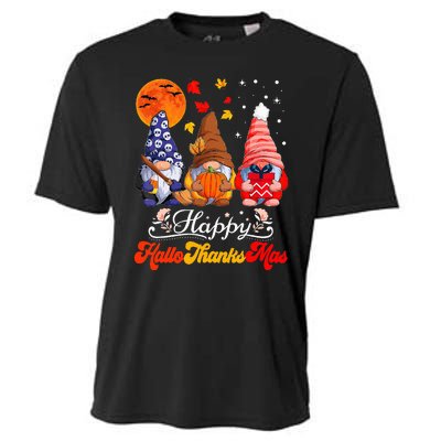 Happy Hallothanksmas Gnomes Halloween Thanksgiving Christmas Cooling Performance Crew T-Shirt