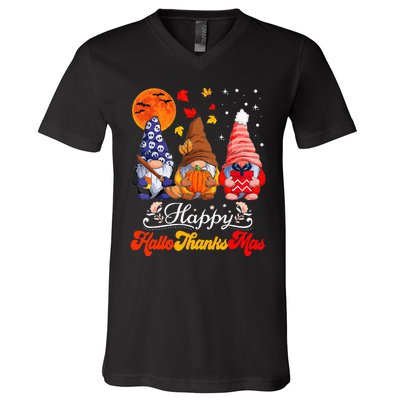 Happy Hallothanksmas Gnomes Halloween Thanksgiving Christmas V-Neck T-Shirt