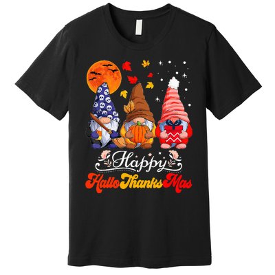 Happy Hallothanksmas Gnomes Halloween Thanksgiving Christmas Premium T-Shirt