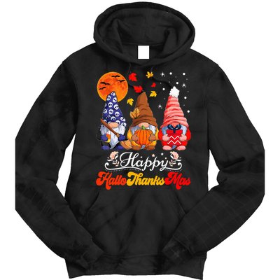 Happy Hallothanksmas Gnomes Halloween Thanksgiving Christmas Tie Dye Hoodie