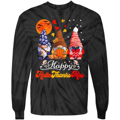 Happy Hallothanksmas Gnomes Halloween Thanksgiving Christmas Tie-Dye Long Sleeve Shirt