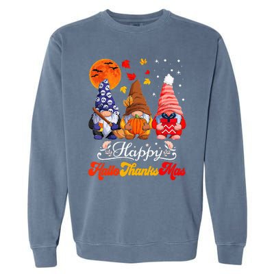 Happy Hallothanksmas Gnomes Halloween Thanksgiving Christmas Garment-Dyed Sweatshirt