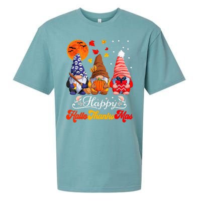 Happy Hallothanksmas Gnomes Halloween Thanksgiving Christmas Sueded Cloud Jersey T-Shirt