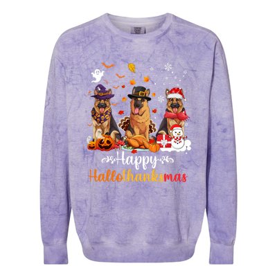 Happy Hallothanksmas German Shepherd Dog Halloween Christmas Long Sleeve Colorblast Crewneck Sweatshirt