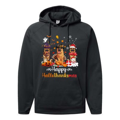 Happy Hallothanksmas German Shepherd Dog Halloween Christmas Long Sleeve Performance Fleece Hoodie