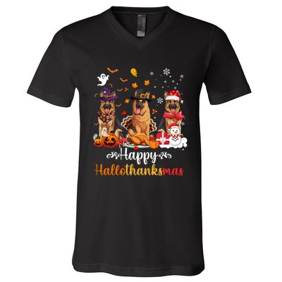 Happy Hallothanksmas German Shepherd Dog Halloween Christmas Long Sleeve V-Neck T-Shirt