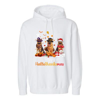 Happy Hallothanksmas German Shepherd Dog Halloween Christmas Long Sleeve Garment-Dyed Fleece Hoodie