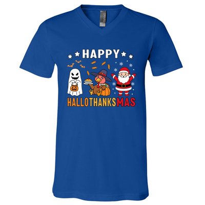 Happy Hallothanksmas Ghost Turkey Pumpkin Christmas Santa V-Neck T-Shirt