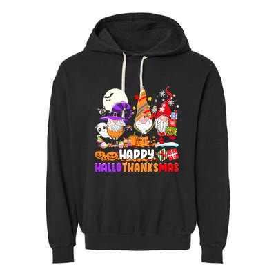 Happy Hallothanksmas Gnomes Halloween Thanksgiving Christmas Garment-Dyed Fleece Hoodie